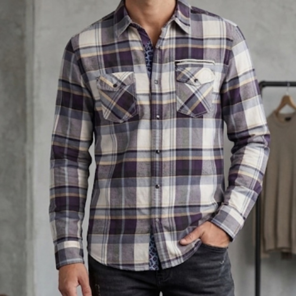Guess Men's Button Front Shirt Purple Plaid Size M Flip Cuff Long Sleeve Cotton